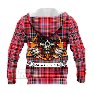 Tartan Vibes Clothing Udny Tartan Knitted Hoodie with Family Crest and Bearded Skull Holding Bottles of Whiskey
