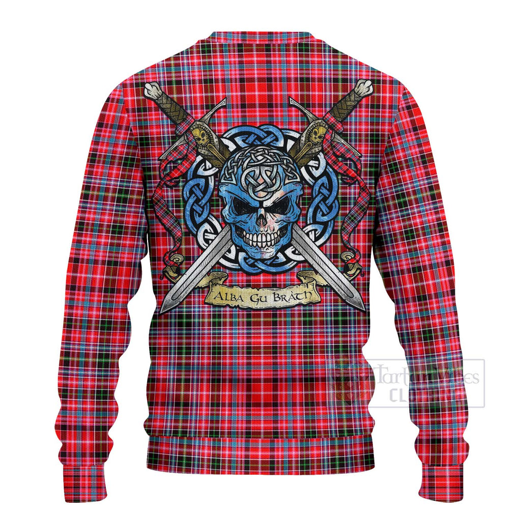 Tartan Vibes Clothing Udny Tartan Knitted Sweater with Family Crest Celtic Skull Style