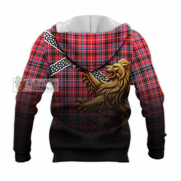 Tartan Vibes Clothing Udny Crest Tartan Knitted Hoodie with Golden Lion Emblem Celtic Style