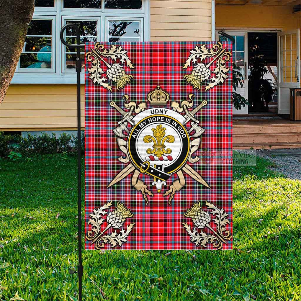 Tartan Vibes Clothing Udny Tartan Flag with Family Crest and Golden Thistle Crossed Sword Design