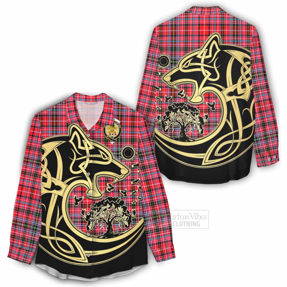 Tartan Vibes Clothing Udny Tartan Women's Casual Shirt with Family Crest Celtic Wolf Style