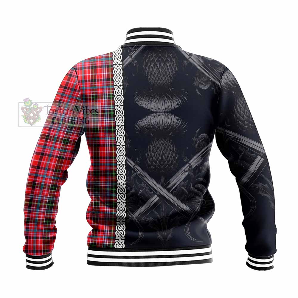 Tartan Vibes Clothing Udny Tartan Baseball Jacket with Family Crest Cross Sword Thistle Celtic Vibes