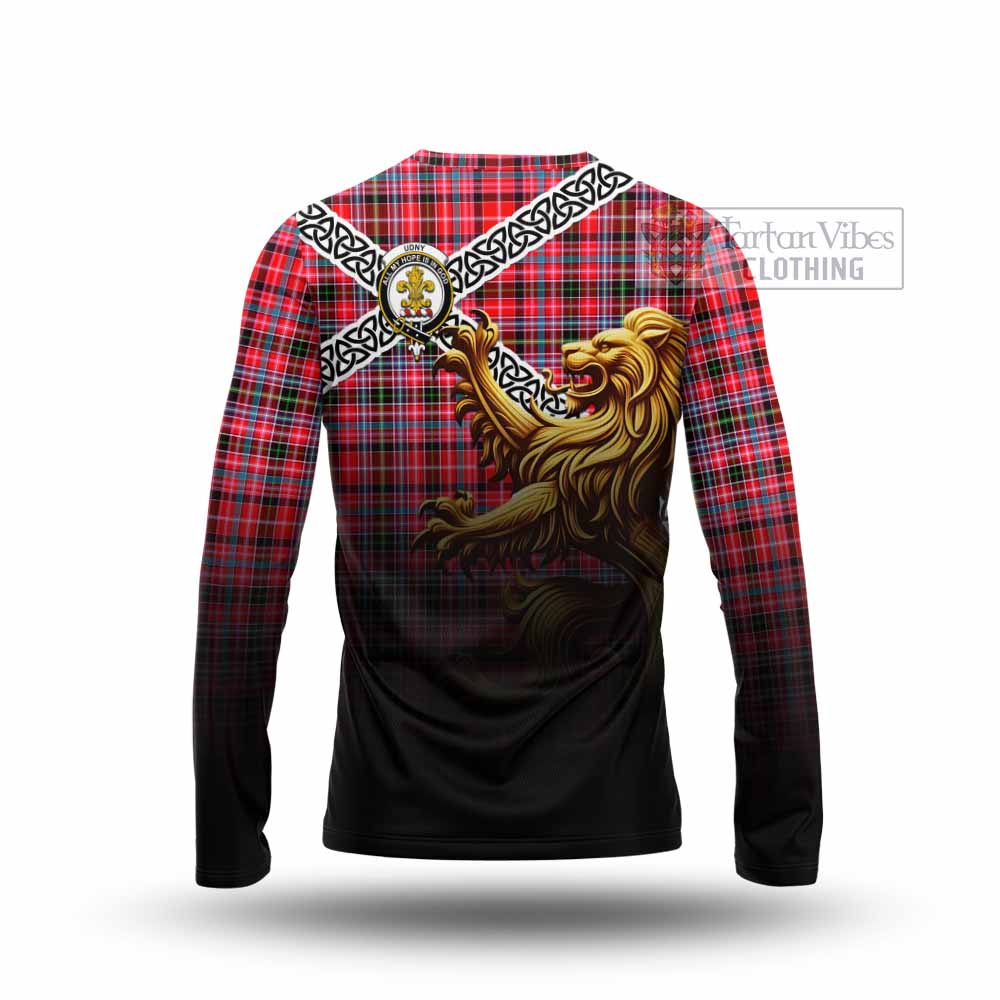 Tartan Vibes Clothing Udny Crest Tartan Long Sleeve T-Shirt with Golden Lion Emblem Celtic Style