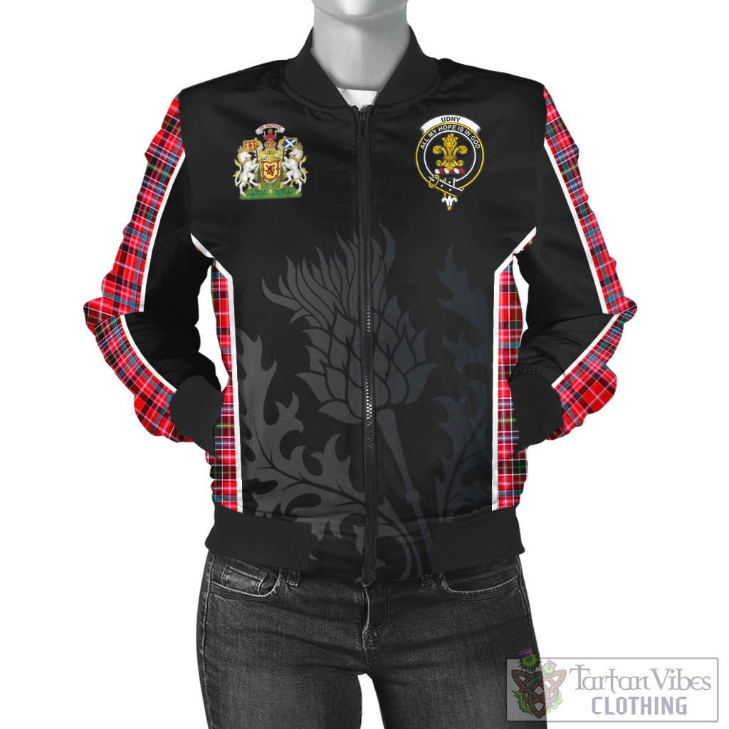 Udny Tartan Bomber Jacket with Family Crest and Scottish Thistle Vibes Sport Style - Tartan Vibes Clothing