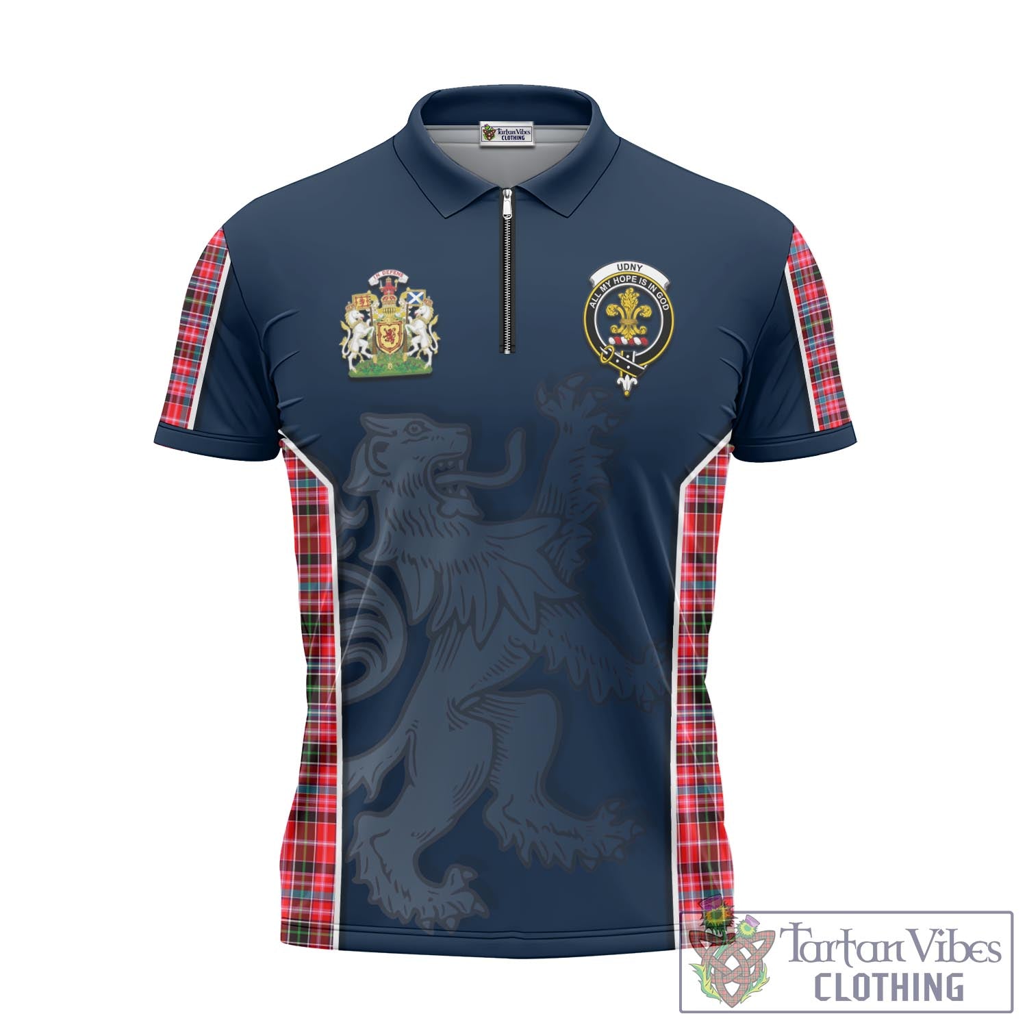 Tartan Vibes Clothing Udny Tartan Zipper Polo Shirt with Family Crest and Lion Rampant Vibes Sport Style