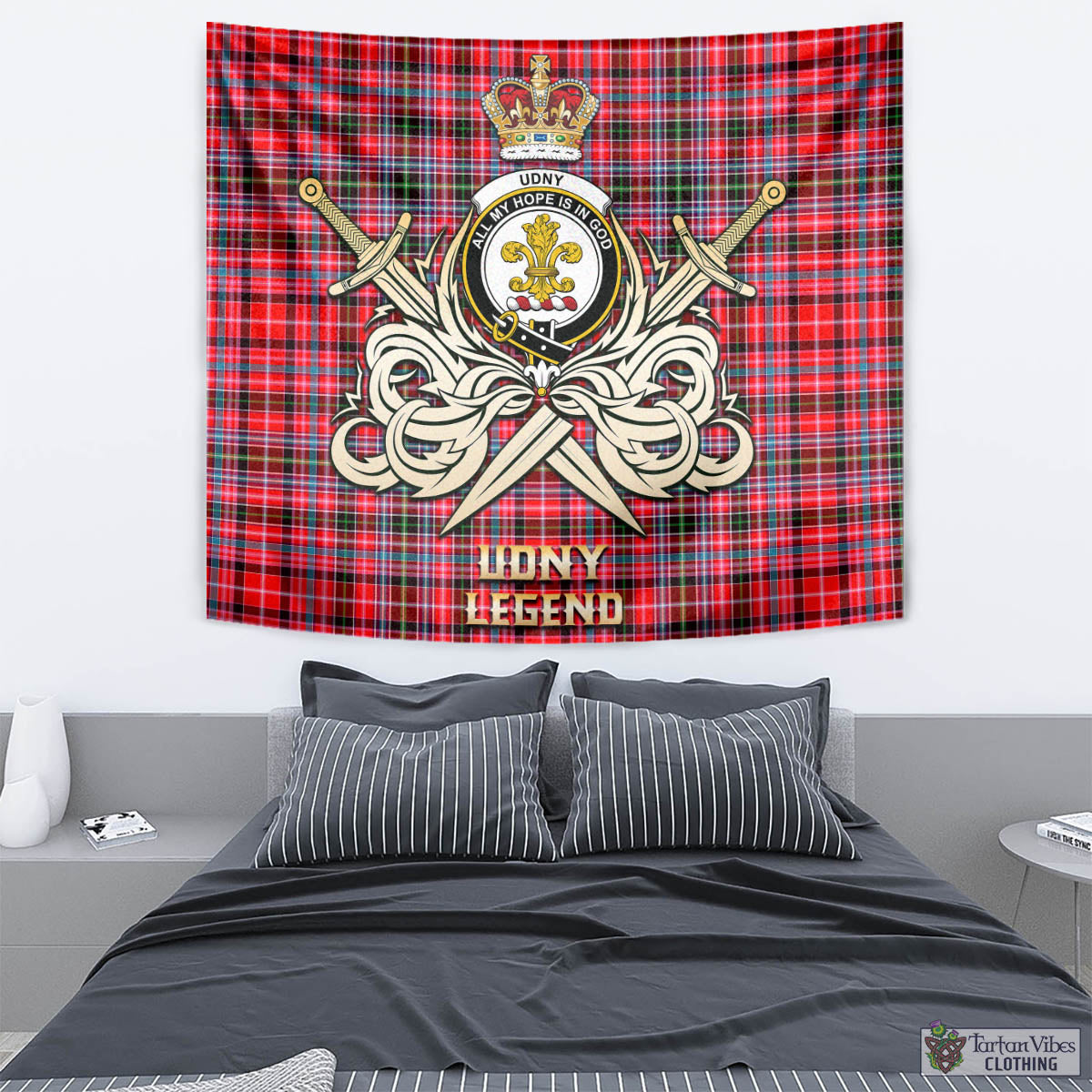 Tartan Vibes Clothing Udny Tartan Tapestry with Clan Crest and the Golden Sword of Courageous Legacy