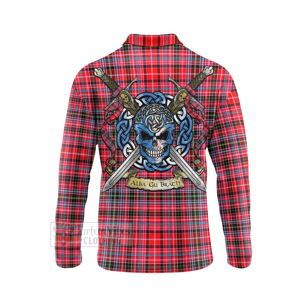 Tartan Vibes Clothing Udny Tartan Long Sleeve Polo Shirt with Family Crest Celtic Skull Style