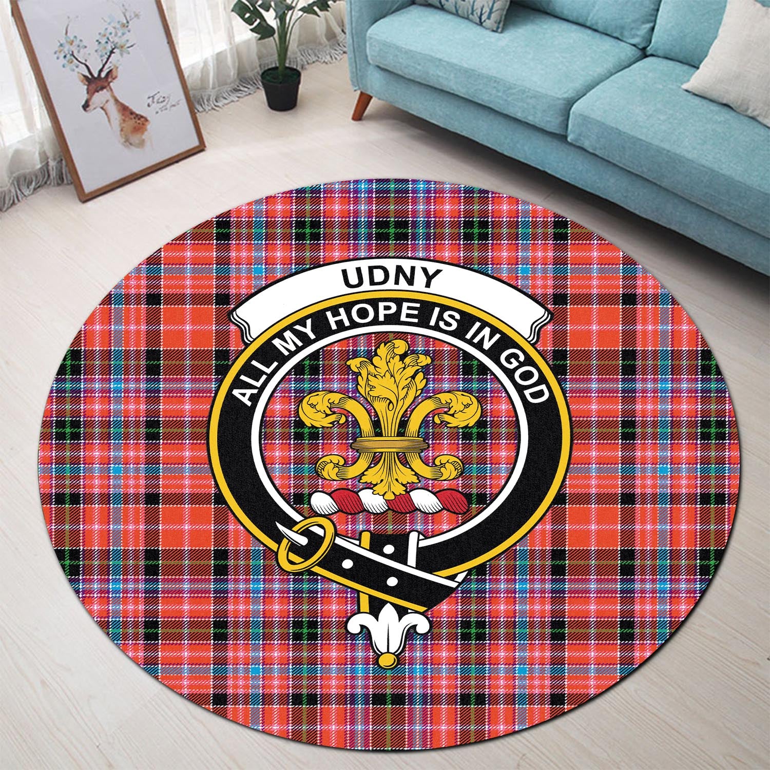 udny-tartan-round-rug-with-family-crest