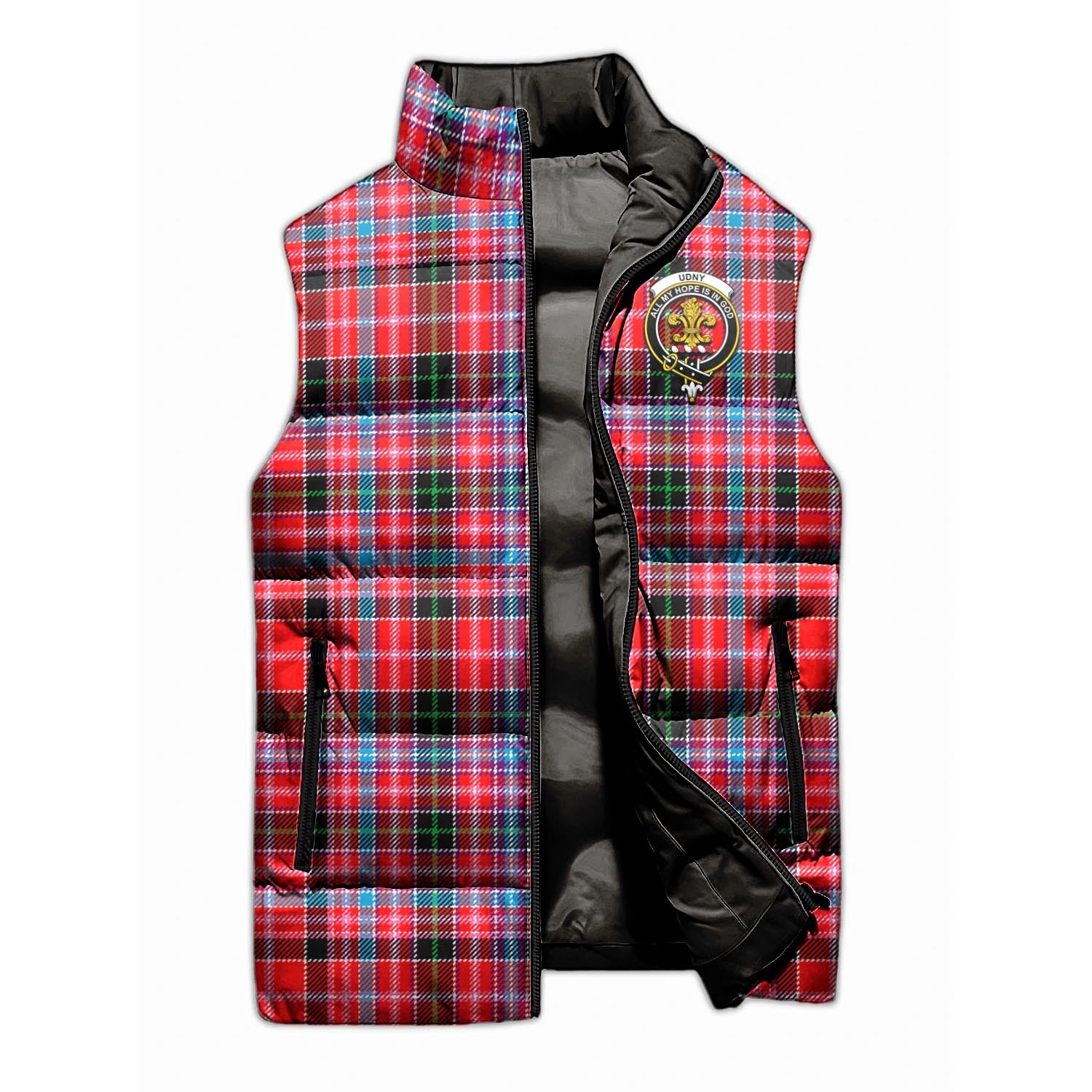 Udny Tartan Sleeveless Puffer Jacket with Family Crest - Tartan Vibes Clothing