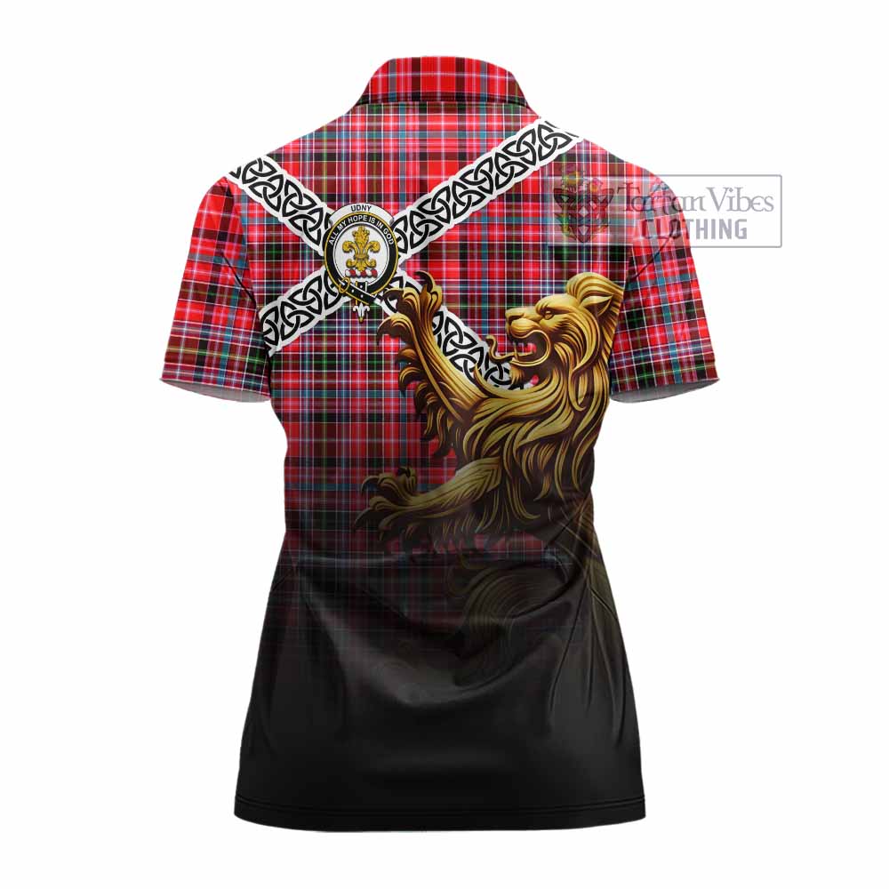Tartan Vibes Clothing Udny Crest Tartan Women's Polo Shirt with Golden Lion Emblem Celtic Style