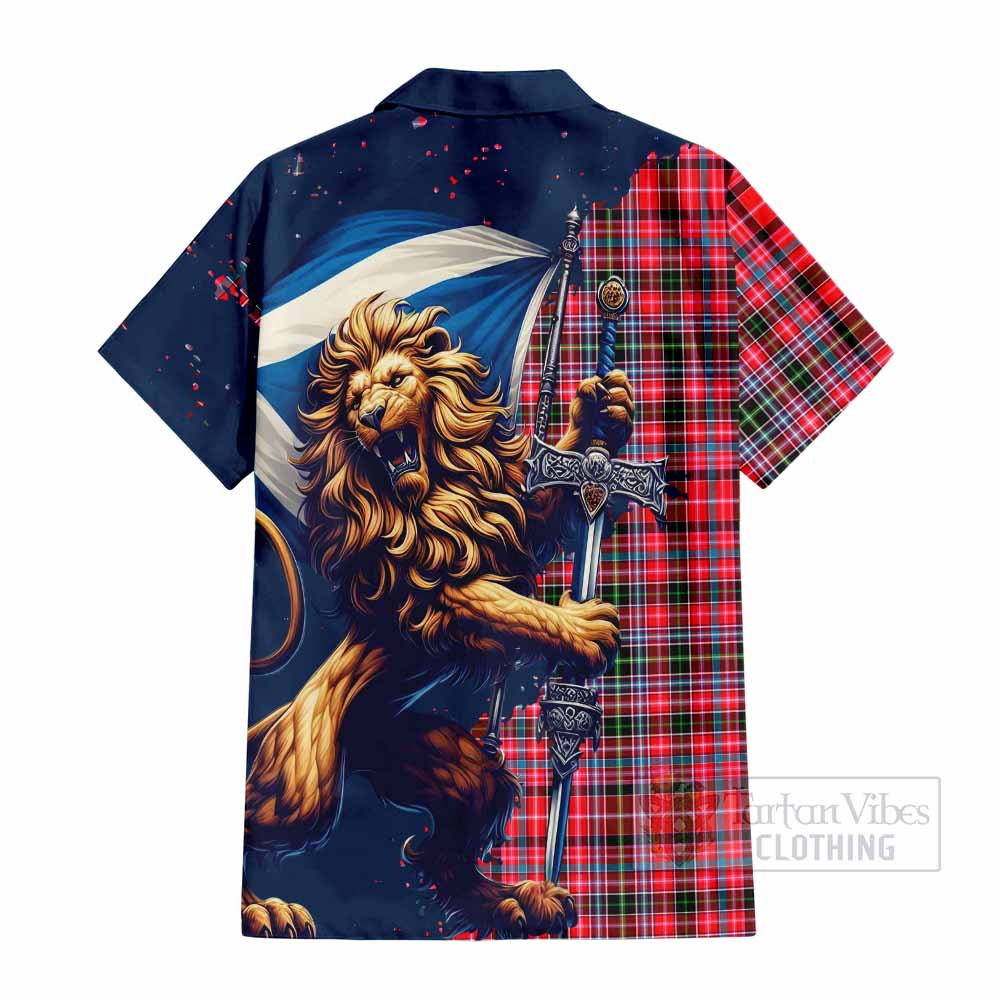 Tartan Vibes Clothing Udny Tartan Family Crest Short Sleeve Button Shirt with Scottish Majestic Lion
