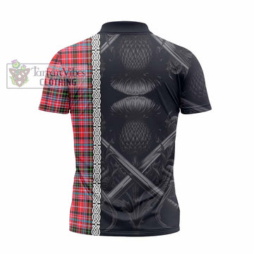 Tartan Vibes Clothing Udny Tartan Zipper Polo Shirt with Family Crest Cross Sword Thistle Celtic Vibes