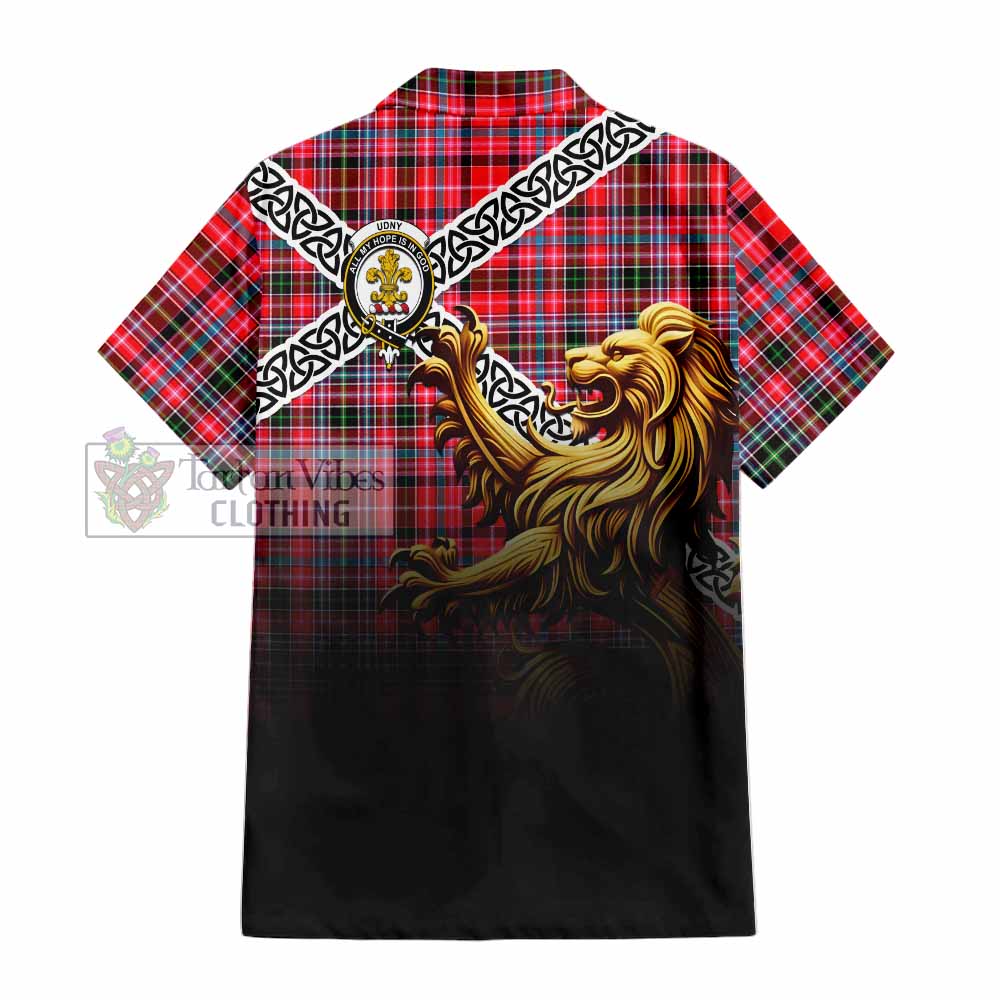 Tartan Vibes Clothing Udny Crest Tartan Short Sleeve Button Shirt with Golden Lion Emblem Celtic Style