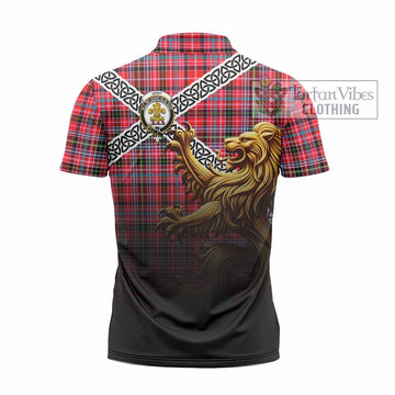 Tartan Vibes Clothing Udny Crest Tartan Zipper Polo Shirt with Golden Lion Emblem Celtic Style