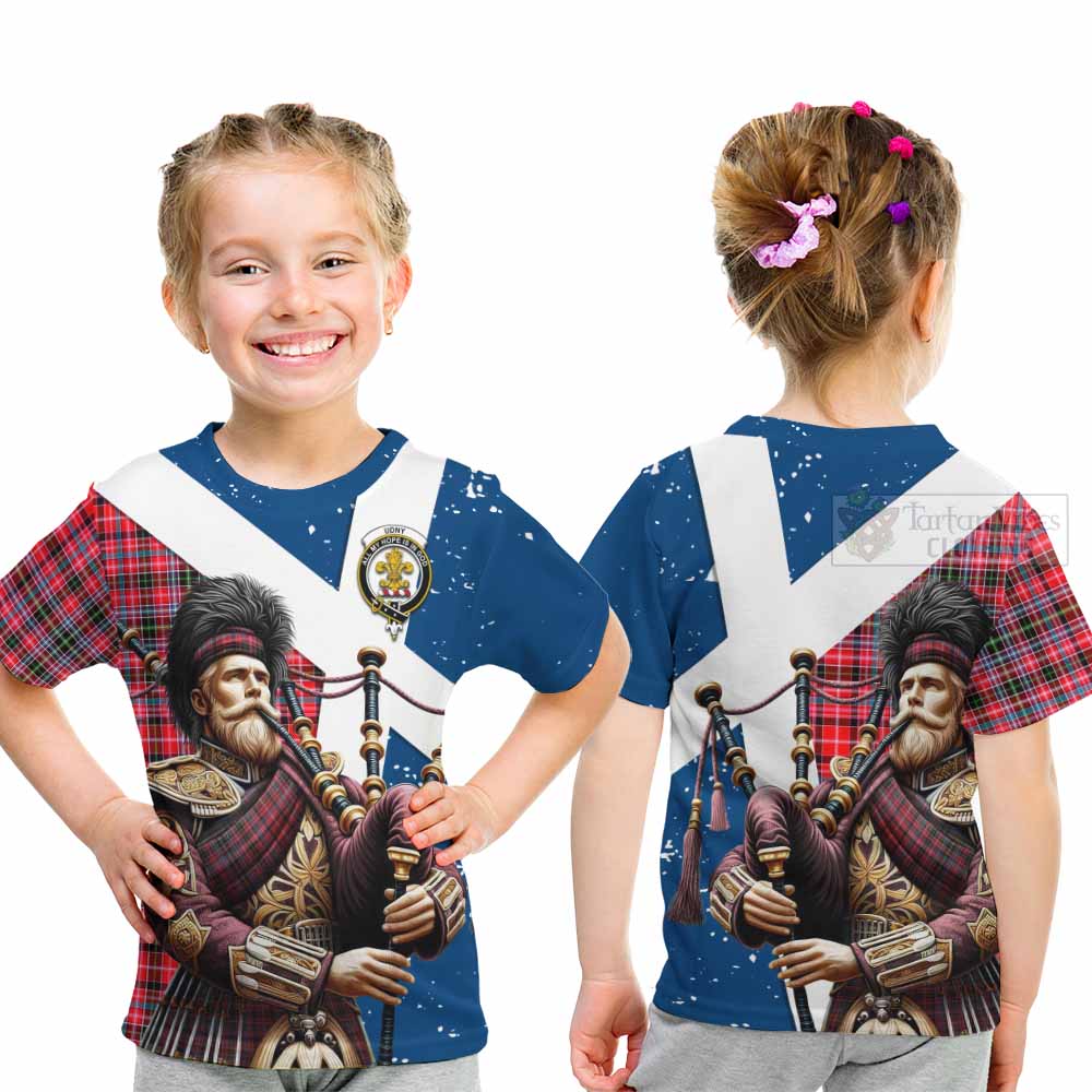 Tartan Vibes Clothing Udny Tartan Kid T-Shirt with Family Crest Scottish Bagpiper Vibes