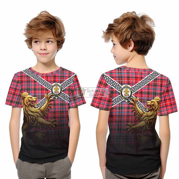 Tartan Vibes Clothing Udny Crest Tartan Kid T-Shirt with Golden Lion Emblem Celtic Style