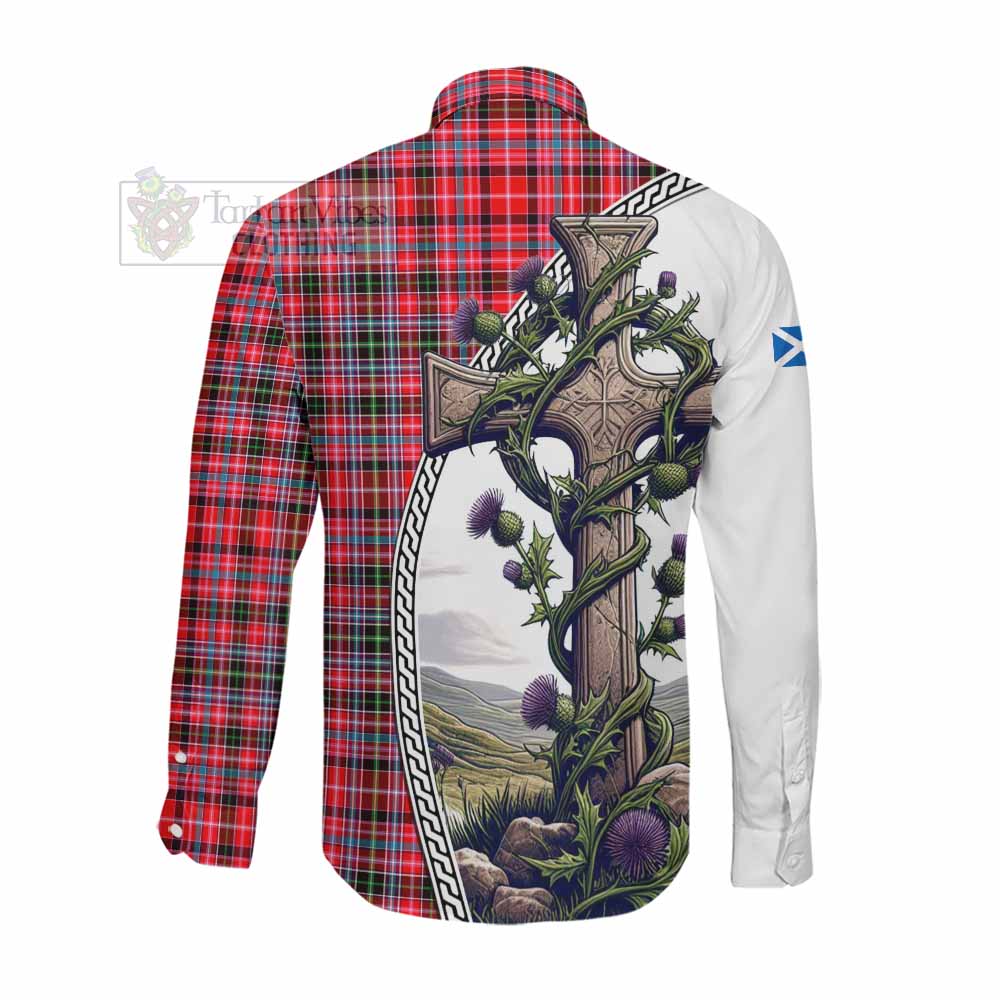 Tartan Vibes Clothing Udny Tartan Long Sleeve Button Shirt with Family Crest and St. Andrew's Cross Accented by Thistle Vines