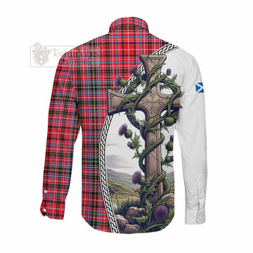 Tartan Vibes Clothing Udny Tartan Long Sleeve Button Shirt with Family Crest and St. Andrew's Cross Accented by Thistle Vines