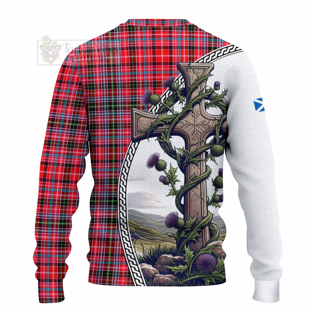 Tartan Vibes Clothing Udny Tartan Knitted Sweater with Family Crest and St. Andrew's Cross Accented by Thistle Vines