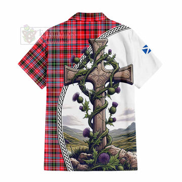 Tartan Vibes Clothing Udny Tartan Short Sleeve Button Shirt with Family Crest and St. Andrew's Cross Accented by Thistle Vines