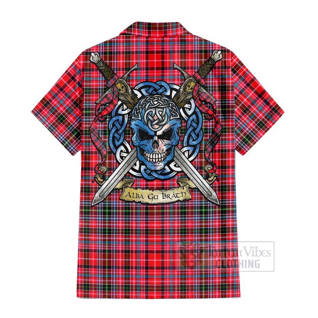 Tartan Vibes Clothing Udny Tartan Short Sleeve Button Shirt with Family Crest Celtic Skull Style