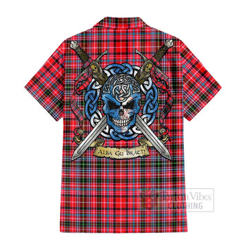 Tartan Vibes Clothing Udny Tartan Short Sleeve Button Shirt with Family Crest Celtic Skull Style