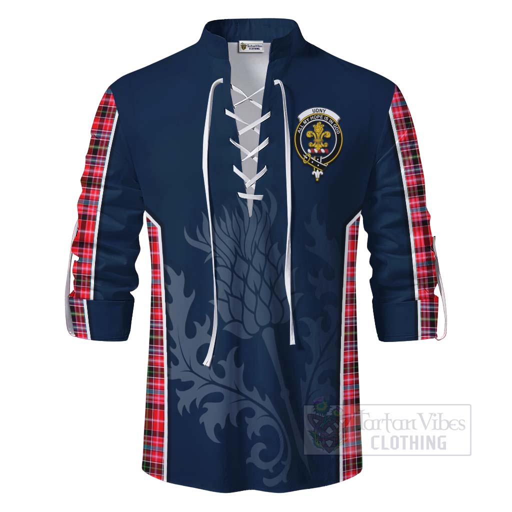 Tartan Vibes Clothing Udny Tartan Ghillie Kilt Shirt with Family Crest and Scottish Thistle Vibes Sport Style