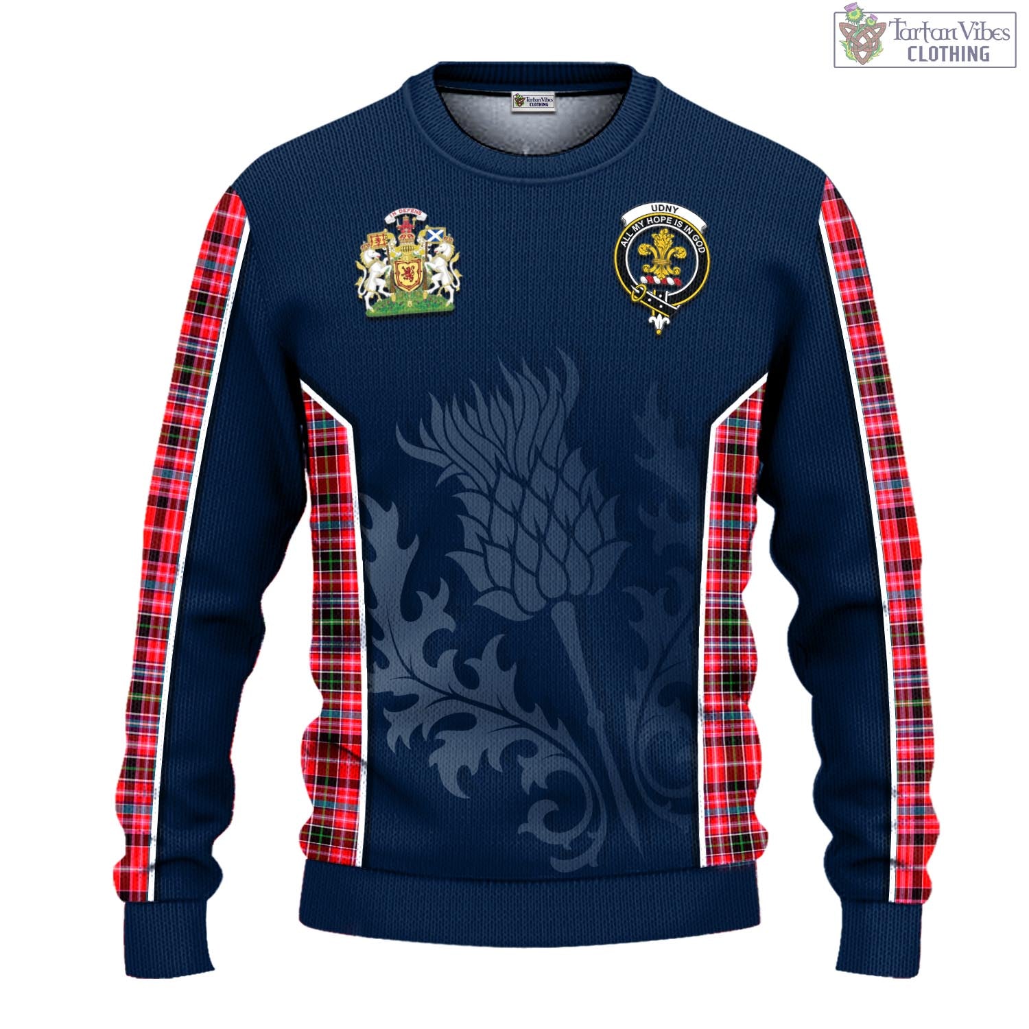 Tartan Vibes Clothing Udny Tartan Knitted Sweatshirt with Family Crest and Scottish Thistle Vibes Sport Style