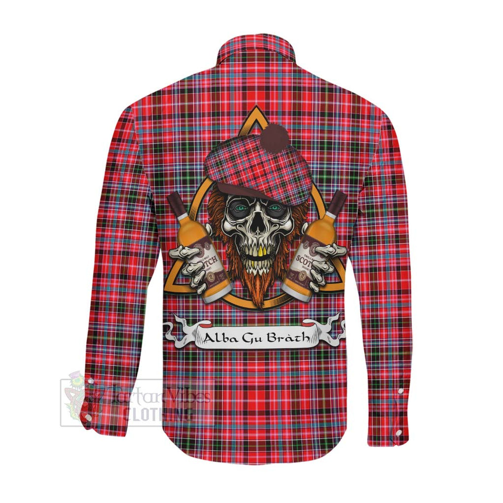 Tartan Vibes Clothing Udny Tartan Long Sleeve Button Shirt with Family Crest and Bearded Skull Holding Bottles of Whiskey