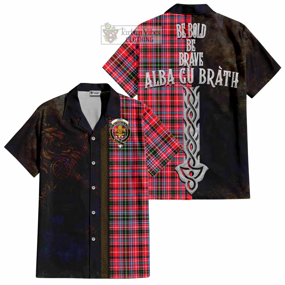 Tartan Vibes Clothing Udny Tartan Family Crest Short Sleeve Button Shirt Alba Gu Brath Be Brave Lion Ancient Style