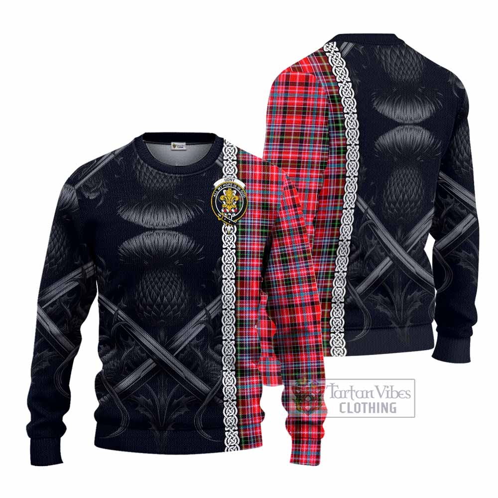 Tartan Vibes Clothing Udny Tartan Knitted Sweater with Family Crest Cross Sword Thistle Celtic Vibes
