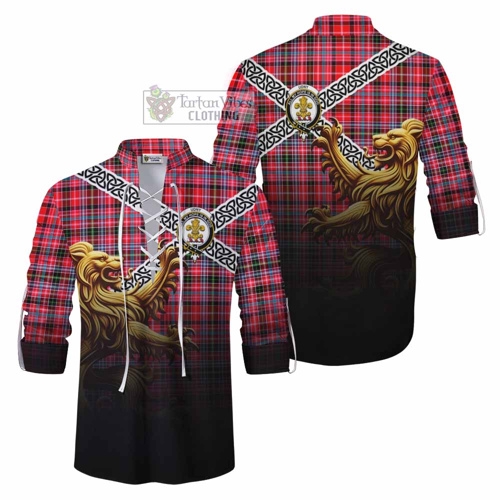 Tartan Vibes Clothing Udny Crest Tartan Ghillie Kilt Shirt with Golden Lion Emblem Celtic Style