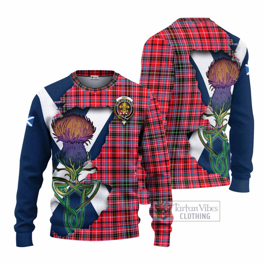 Tartan Vibes Clothing Udny Tartan Family Crest Knitted Sweater Scottish Thistle Celtic Inspired