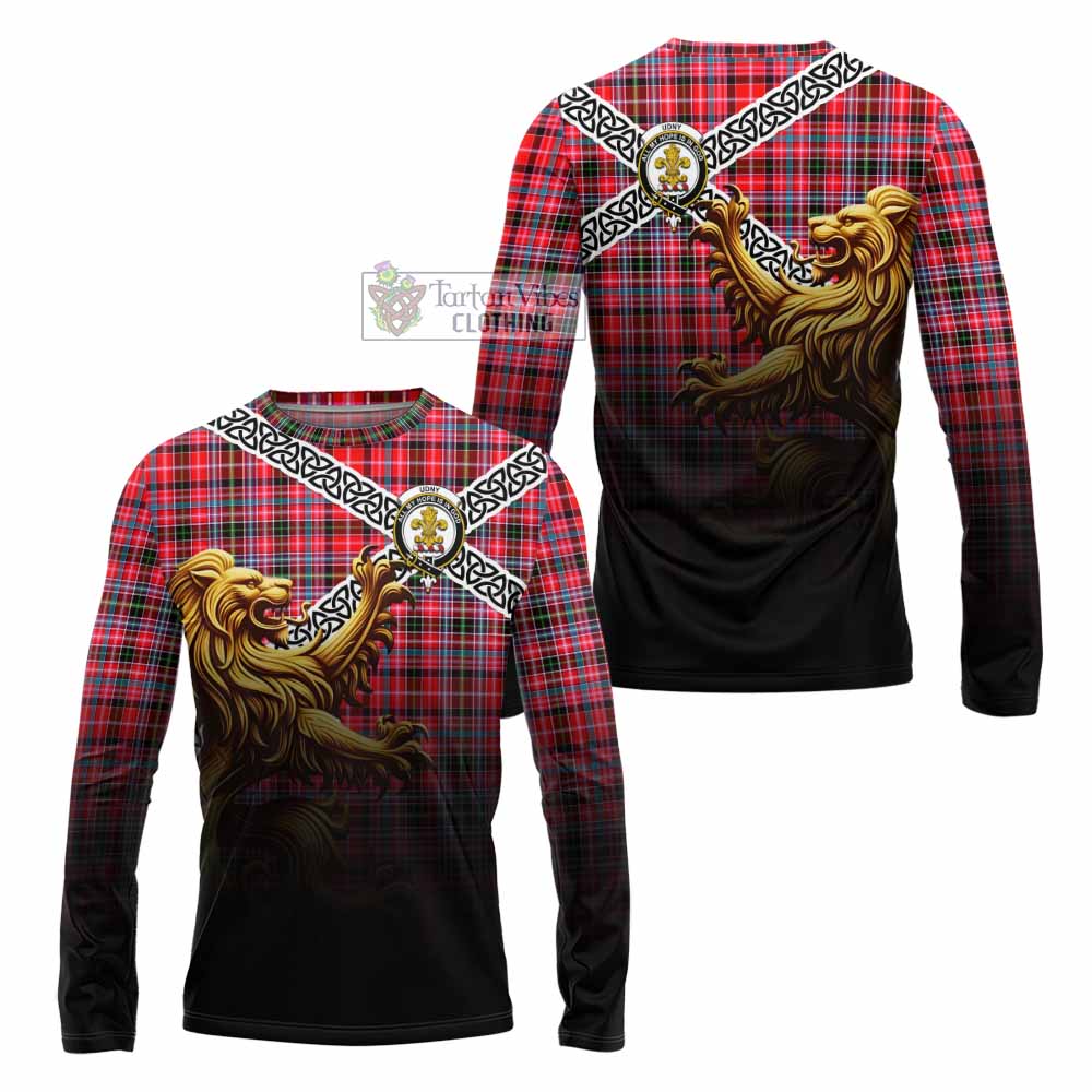 Tartan Vibes Clothing Udny Crest Tartan Long Sleeve T-Shirt with Golden Lion Emblem Celtic Style