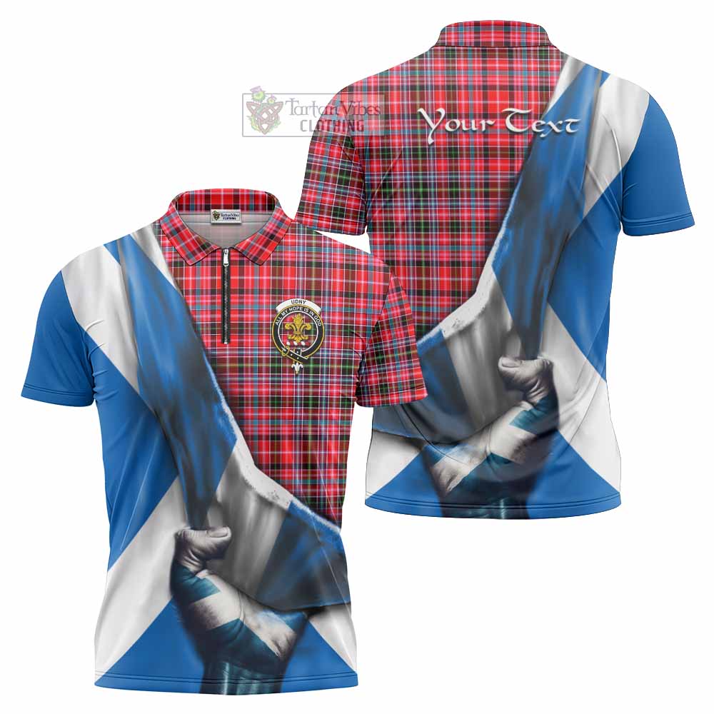 Tartan Vibes Clothing Udny Tartan Zipper Polo Shirt with Family Crest Scotland Patriotic Style