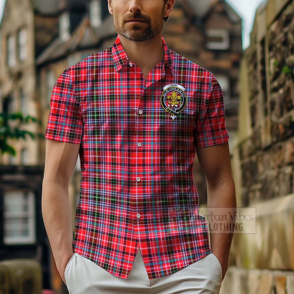 Tartan Vibes Clothing Udny Tartan Short Sleeve Button Shirt with Family Crest Celtic Skull Style