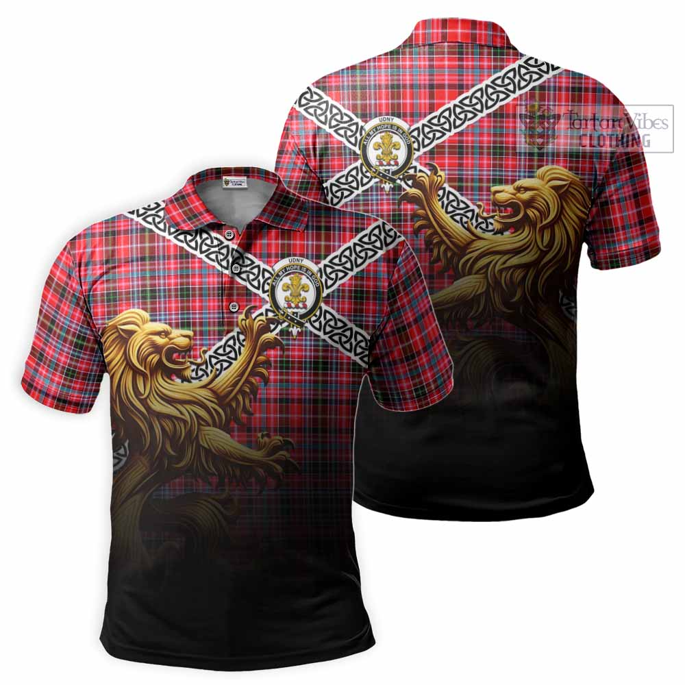Tartan Vibes Clothing Udny Crest Tartan Polo Shirt with Golden Lion Emblem Celtic Style