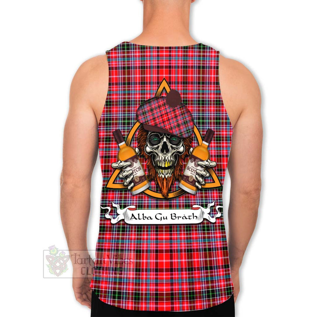 Tartan Vibes Clothing Udny Tartan Men's Tank Top with Family Crest and Bearded Skull Holding Bottles of Whiskey