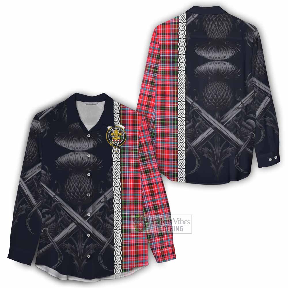 Tartan Vibes Clothing Udny Tartan Women's Casual Shirt with Family Crest Cross Sword Thistle Celtic Vibes