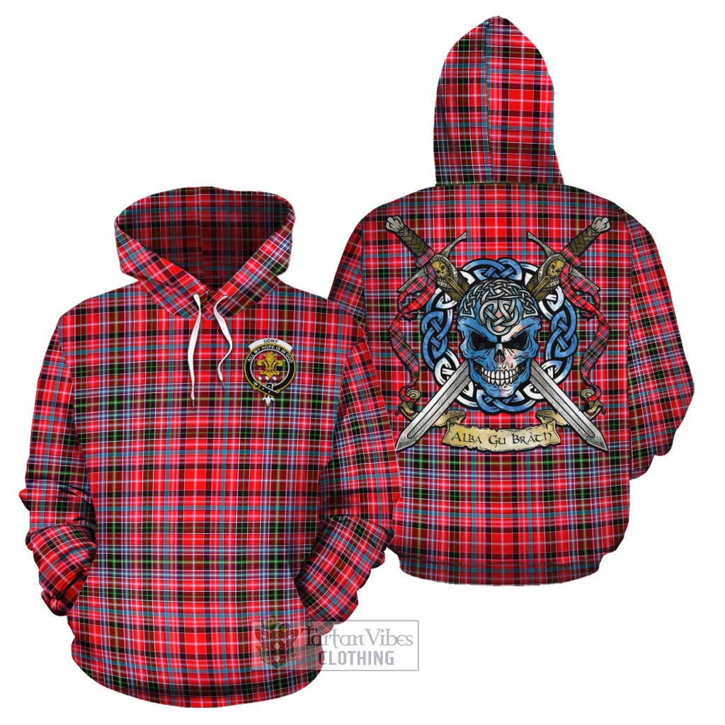 Tartan Vibes Clothing Udny Tartan Cotton Hoodie with Family Crest Celtic Skull Style