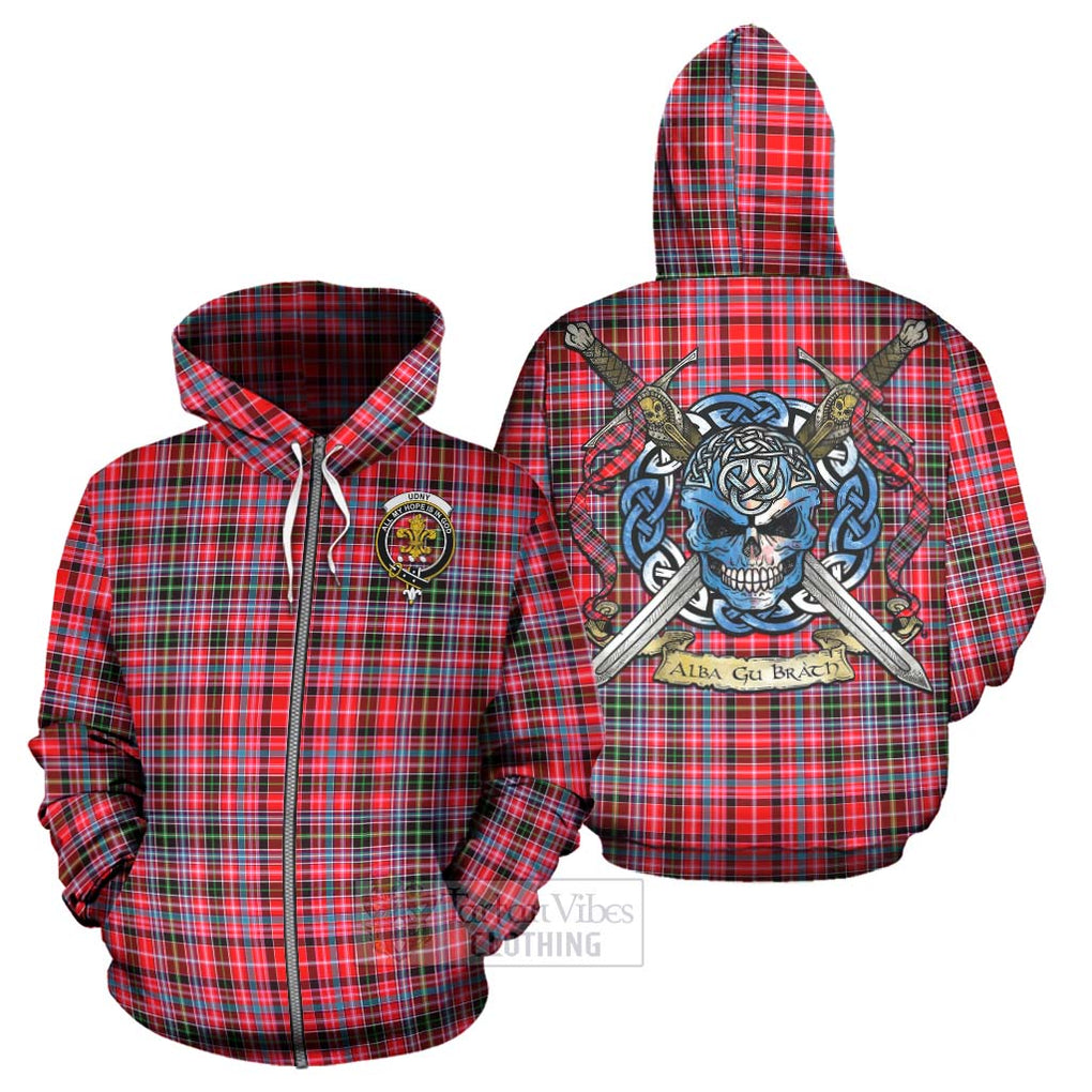 Tartan Vibes Clothing Udny Tartan Hoodie with Family Crest Celtic Skull Style