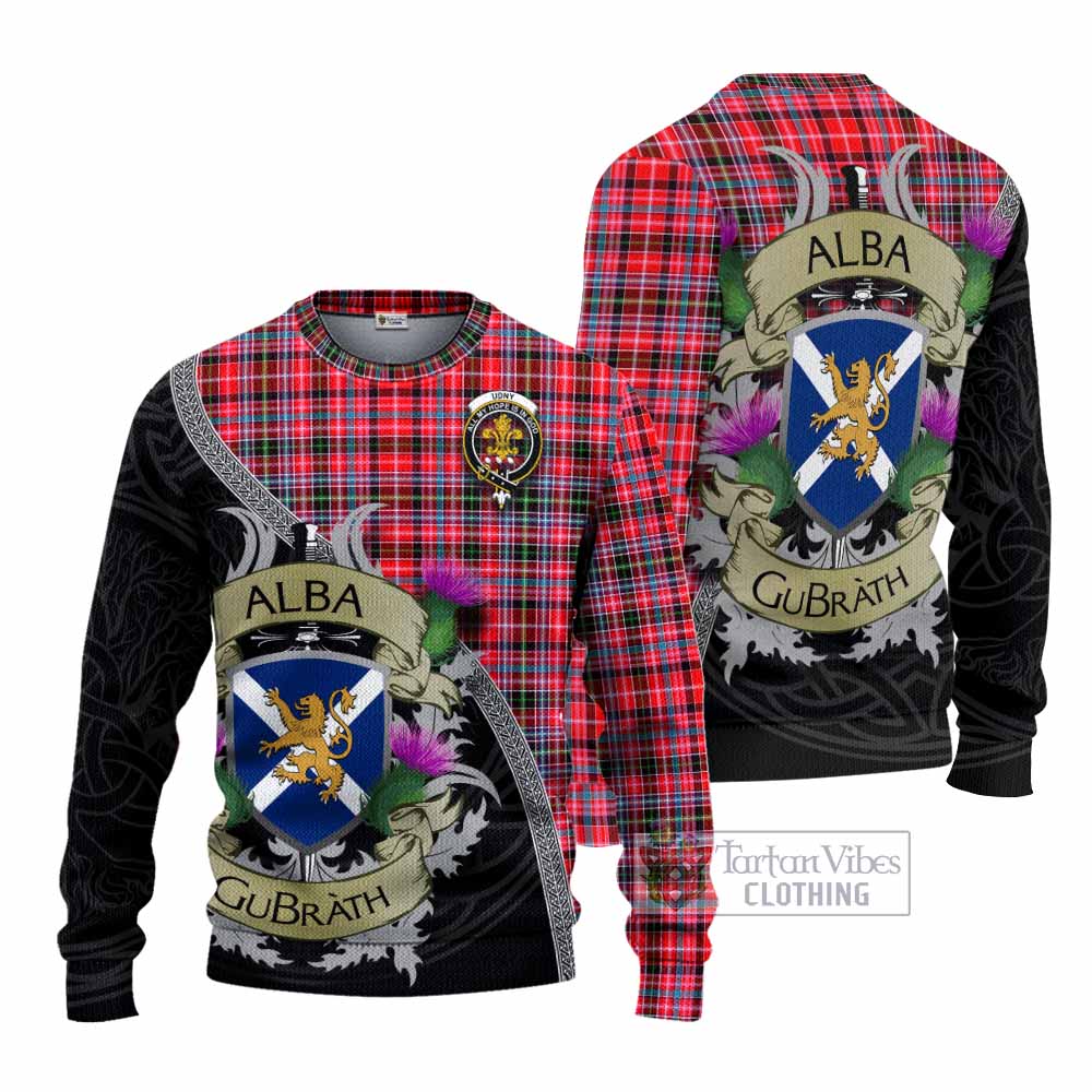 Tartan Vibes Clothing Udny Tartan Family Crest Knitted Sweater Lion Rampant Royal Thistle Shield Celtic Inspired