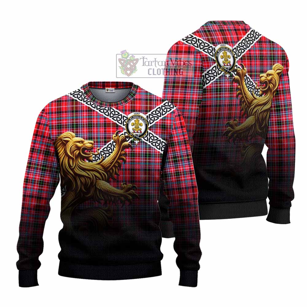 Tartan Vibes Clothing Udny Crest Tartan Knitted Sweater with Golden Lion Emblem Celtic Style