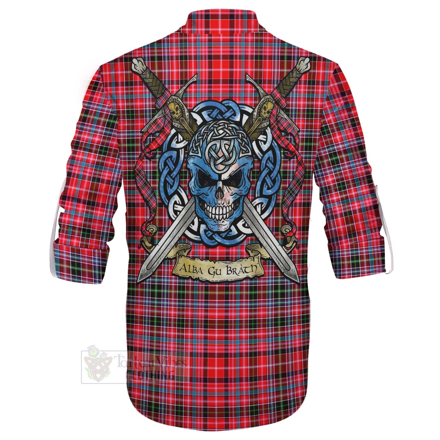 Tartan Vibes Clothing Udny Tartan Ghillie Kilt Shirt with Family Crest Celtic Skull Style