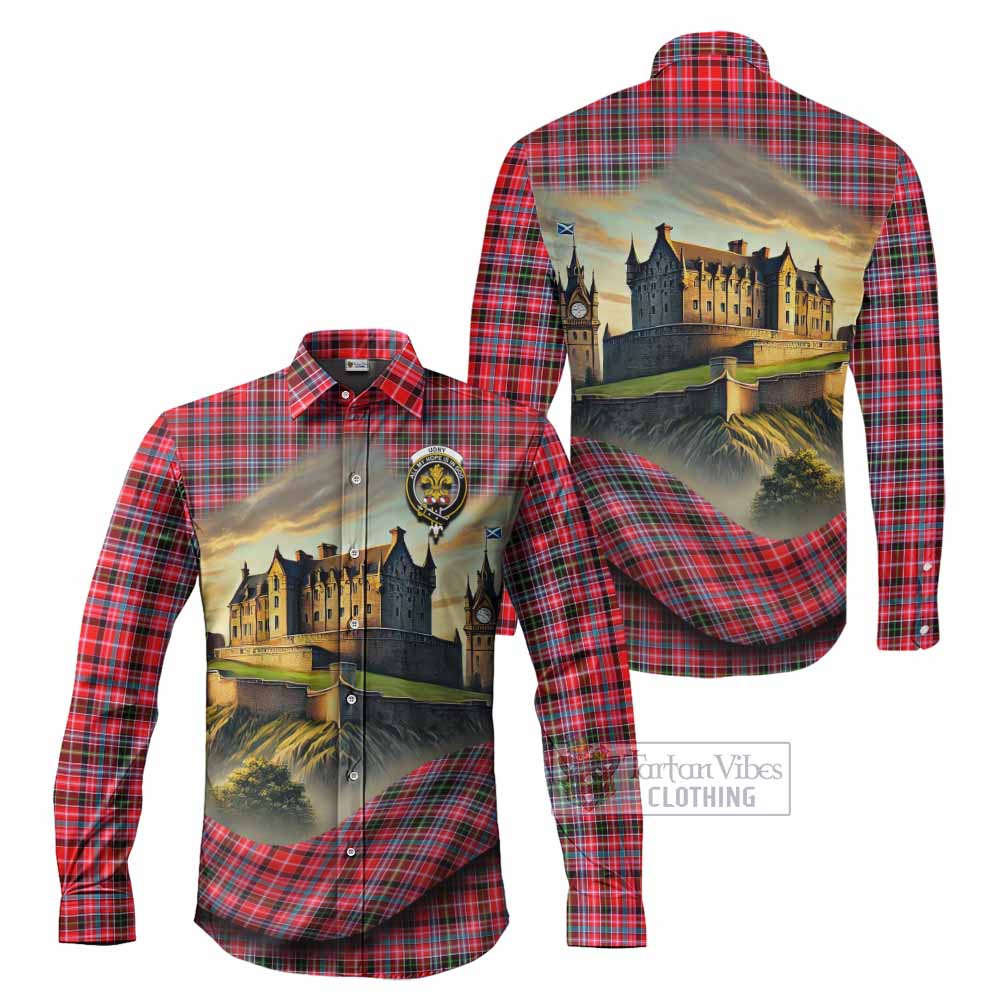 Tartan Vibes Clothing Udny Tartan Family Crest Long Sleeve Button Shirt with Scottish Ancient Castle Style