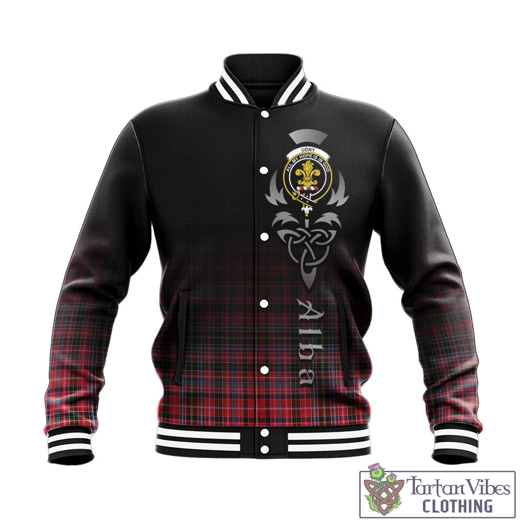 Tartan Vibes Clothing Udny Tartan Baseball Jacket Featuring Alba Gu Brath Family Crest Celtic Inspired
