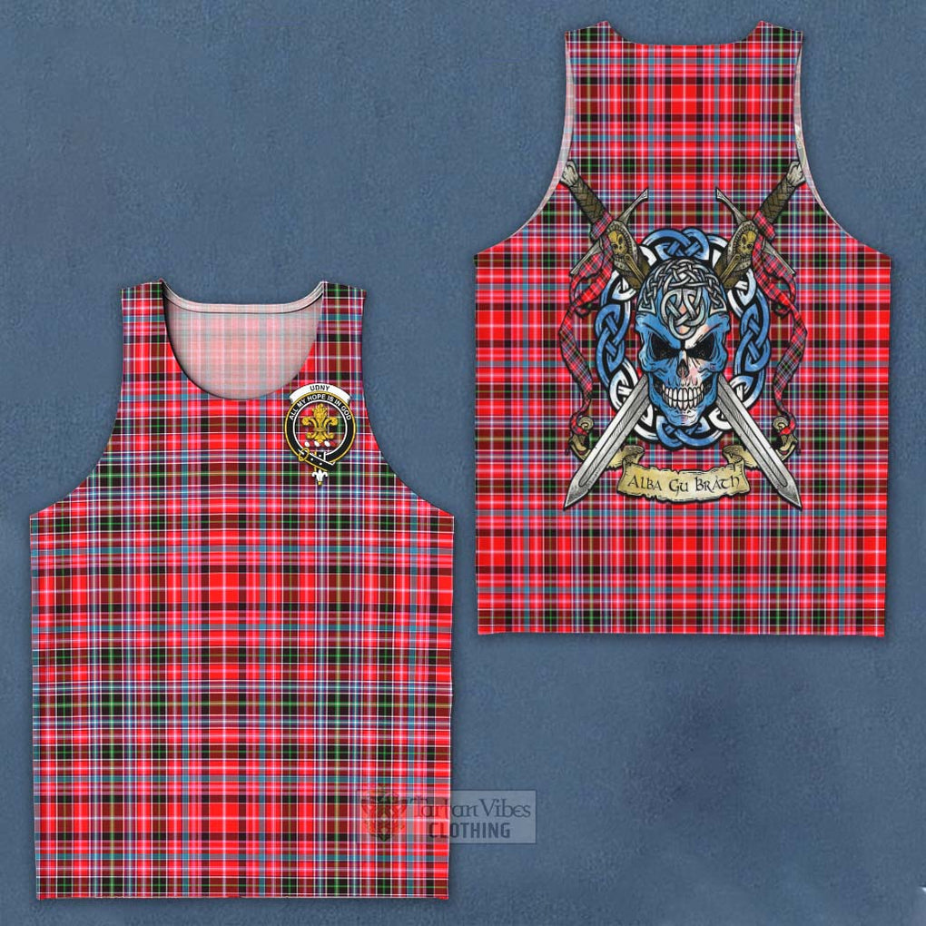 Tartan Vibes Clothing Udny Tartan Men's Tank Top with Family Crest Celtic Skull Style