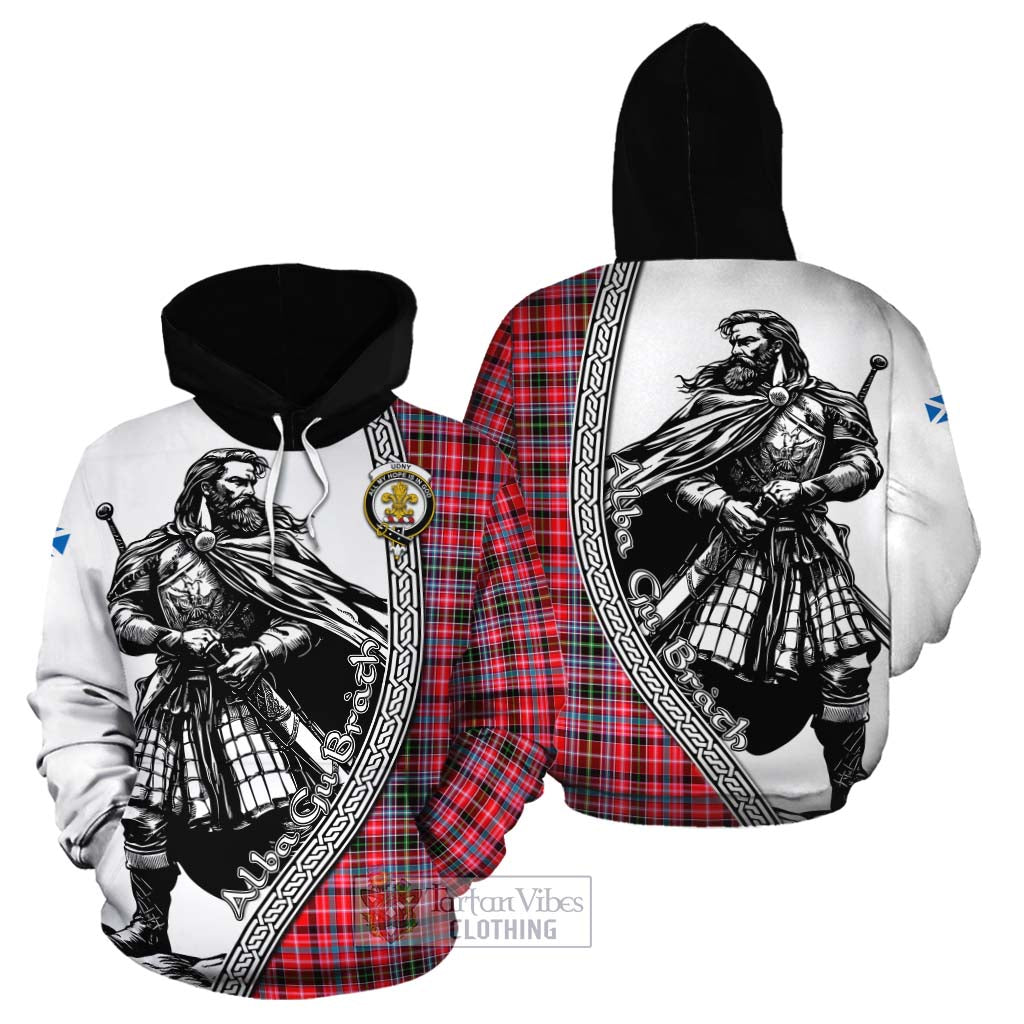 Tartan Vibes Clothing Udny Tartan Clan Crest Cotton Hoodie with Highlander Warrior Celtic Style