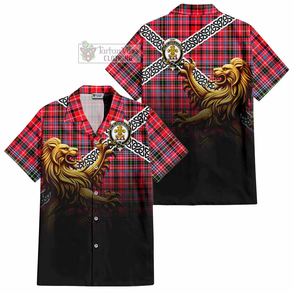 Tartan Vibes Clothing Udny Crest Tartan Short Sleeve Button Shirt with Golden Lion Emblem Celtic Style