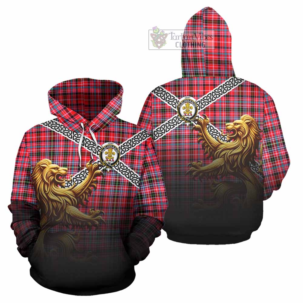 Tartan Vibes Clothing Udny Crest Tartan Hoodie with Golden Lion Emblem Celtic Style